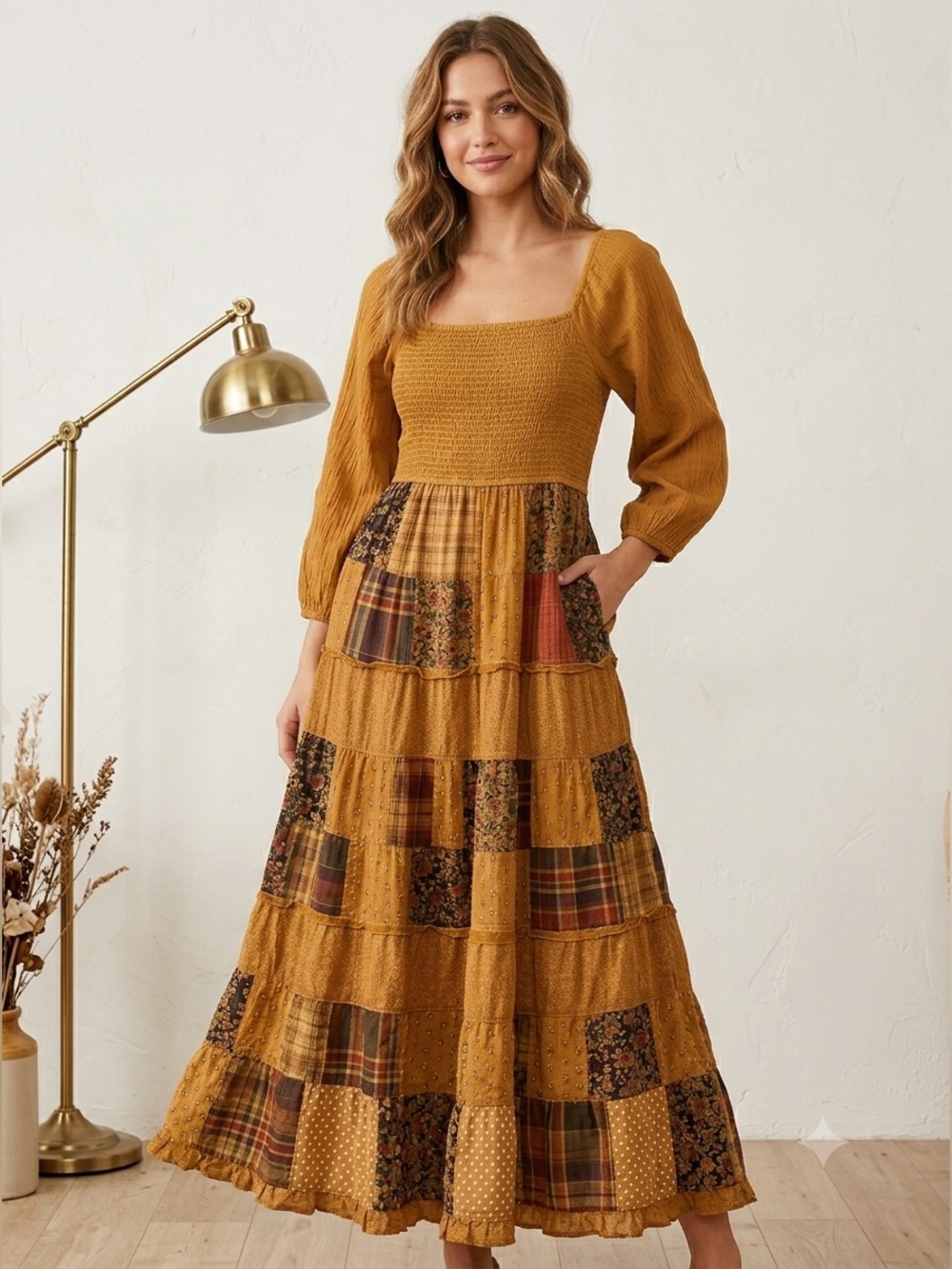 NWT Young Threads Mustard Patchwork Boho Maxi Dress Size Medium